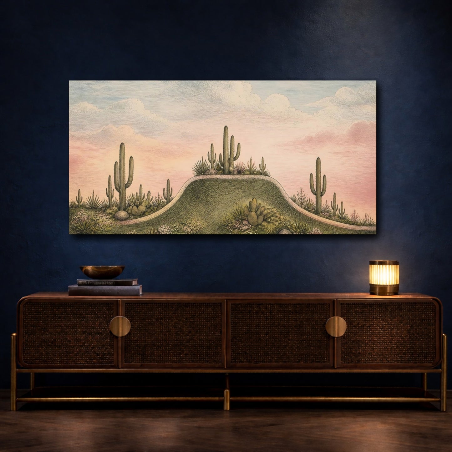 Mockup 4. Cactus Ridge At Dusk shown as canvas print