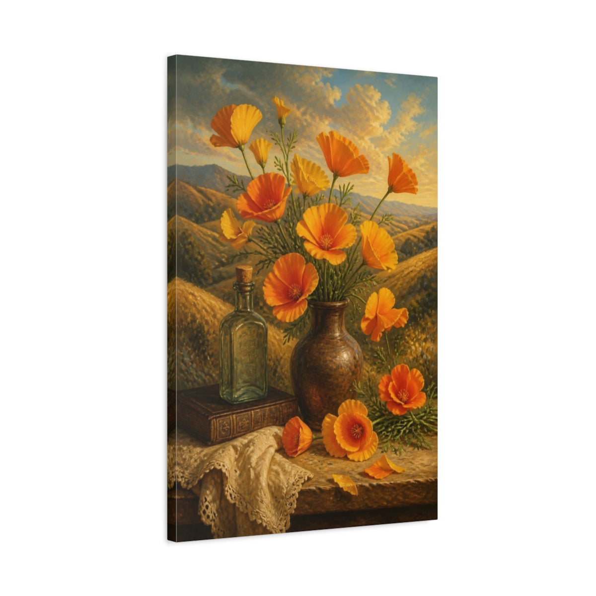 Side Mockup 2. California Poppies Flowers shown as canvas print