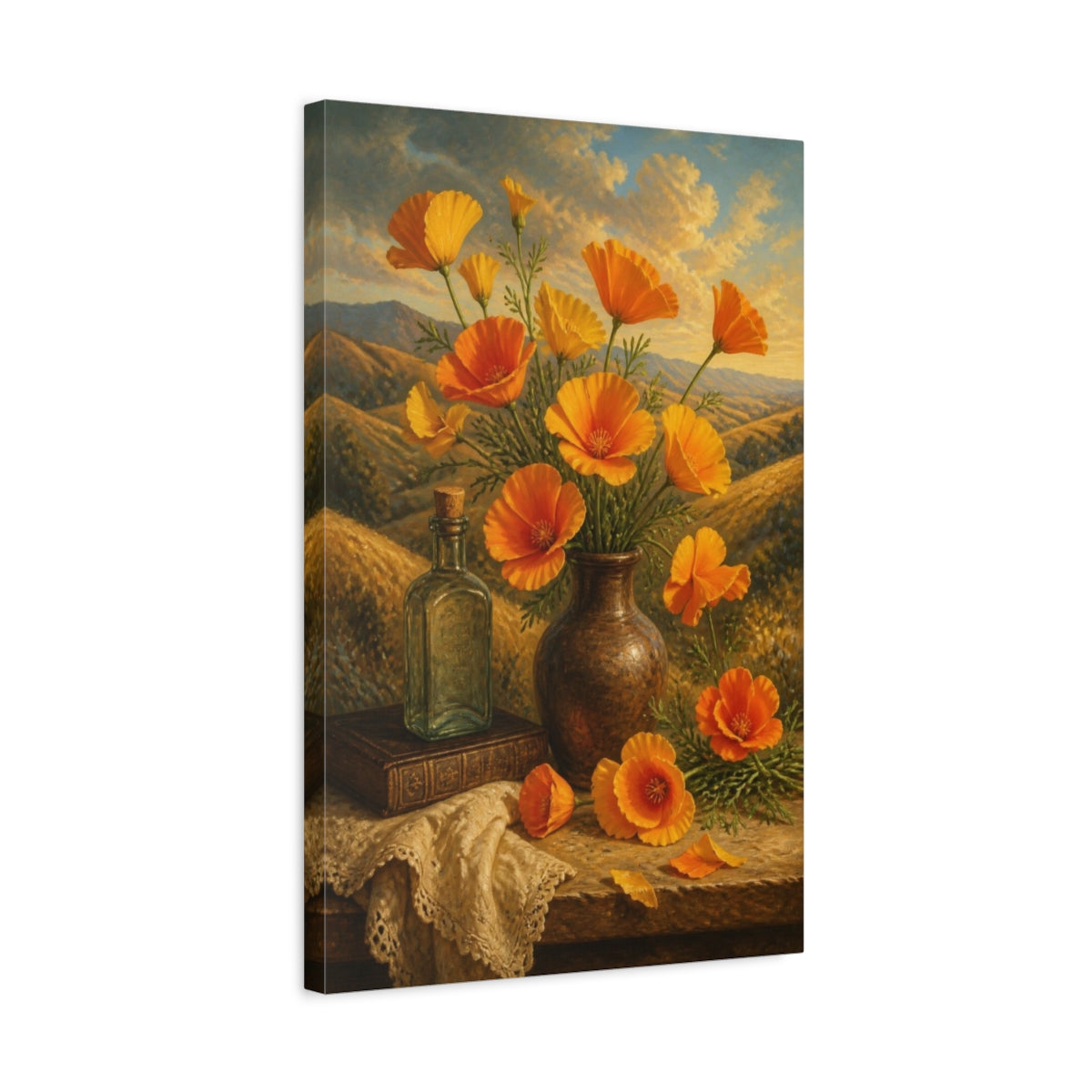 Side Mockup 3. California Poppies Flowers shown as canvas print