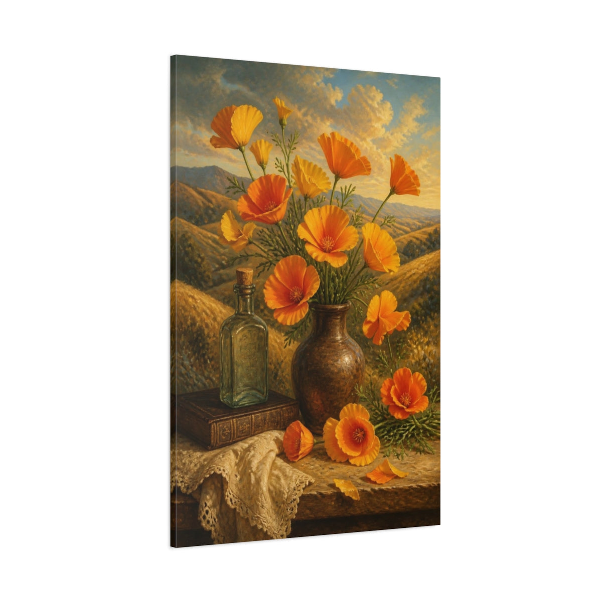 Side Mockup 1. California Poppies Flowers shown as canvas print