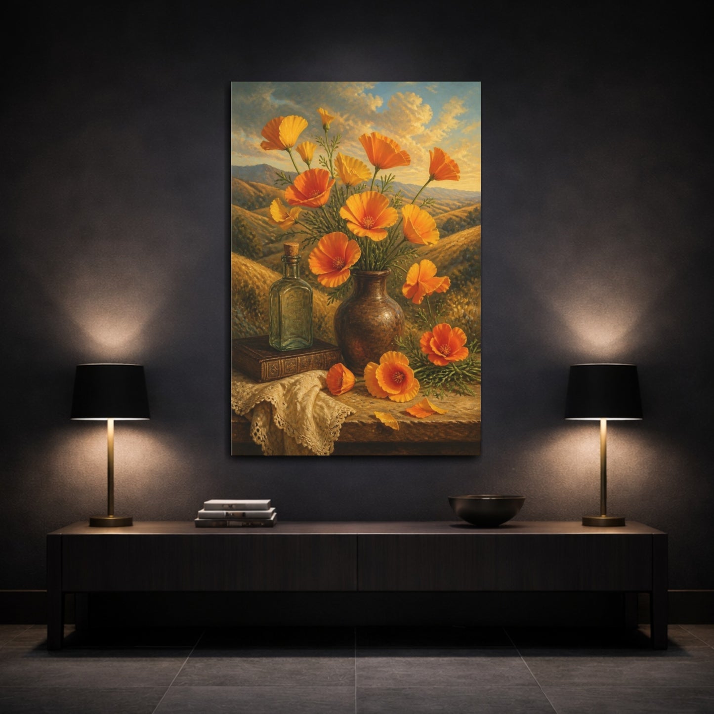 Mockup 3. California Poppies Flowers shown as canvas print
