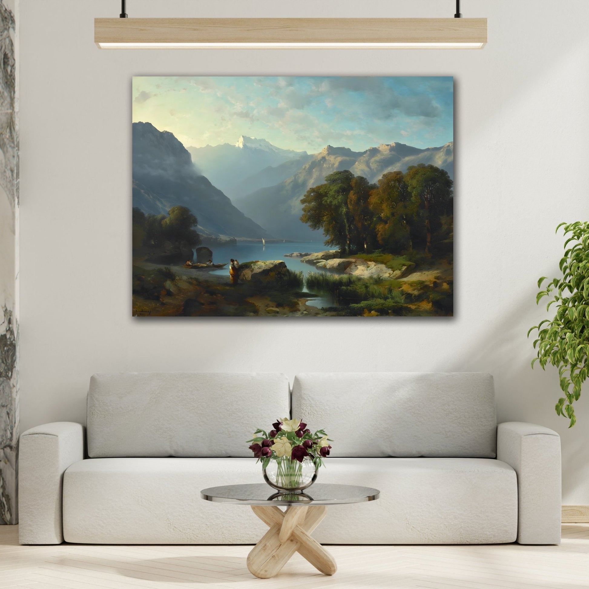 Calm Lake with Majestic Mountain Landscape Canvas Print - Nature Harmony in Framed Wall Art