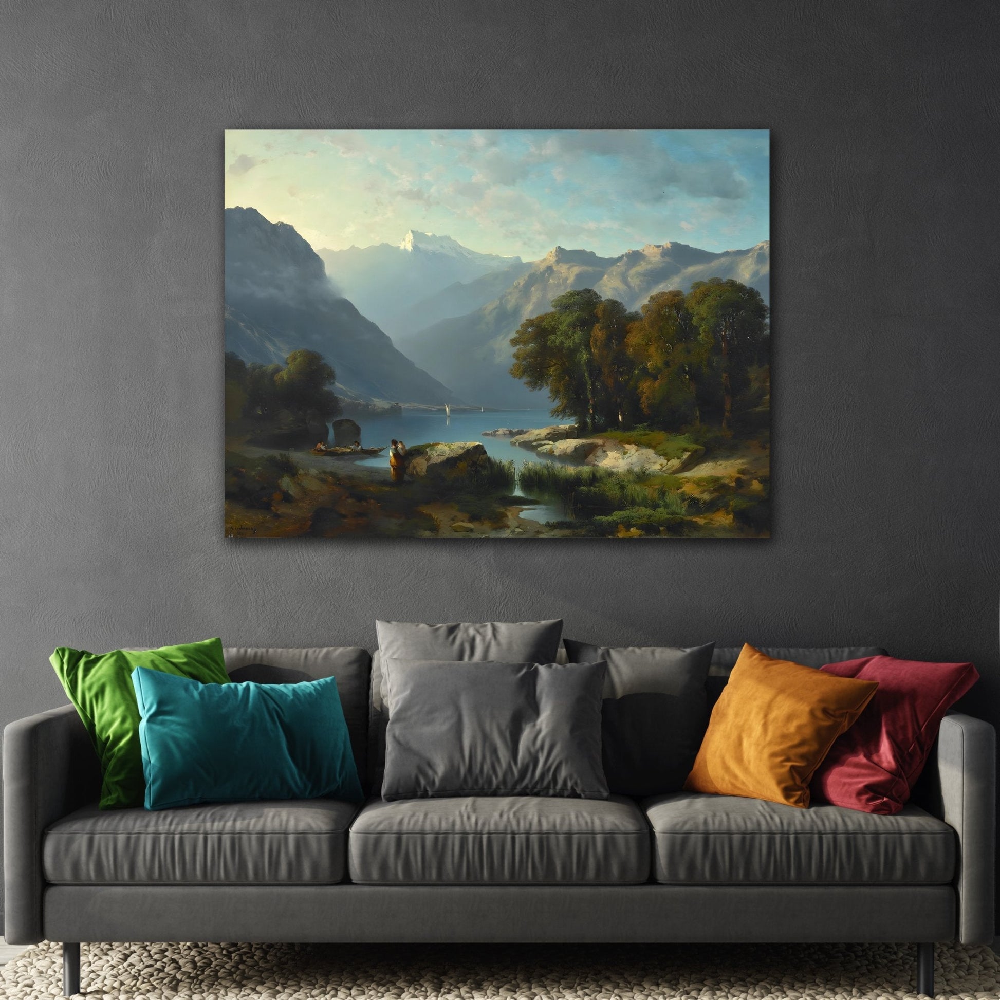 Calm Lake with Majestic Mountain Landscape Canvas Print - Nature Harmony in Framed Wall Art