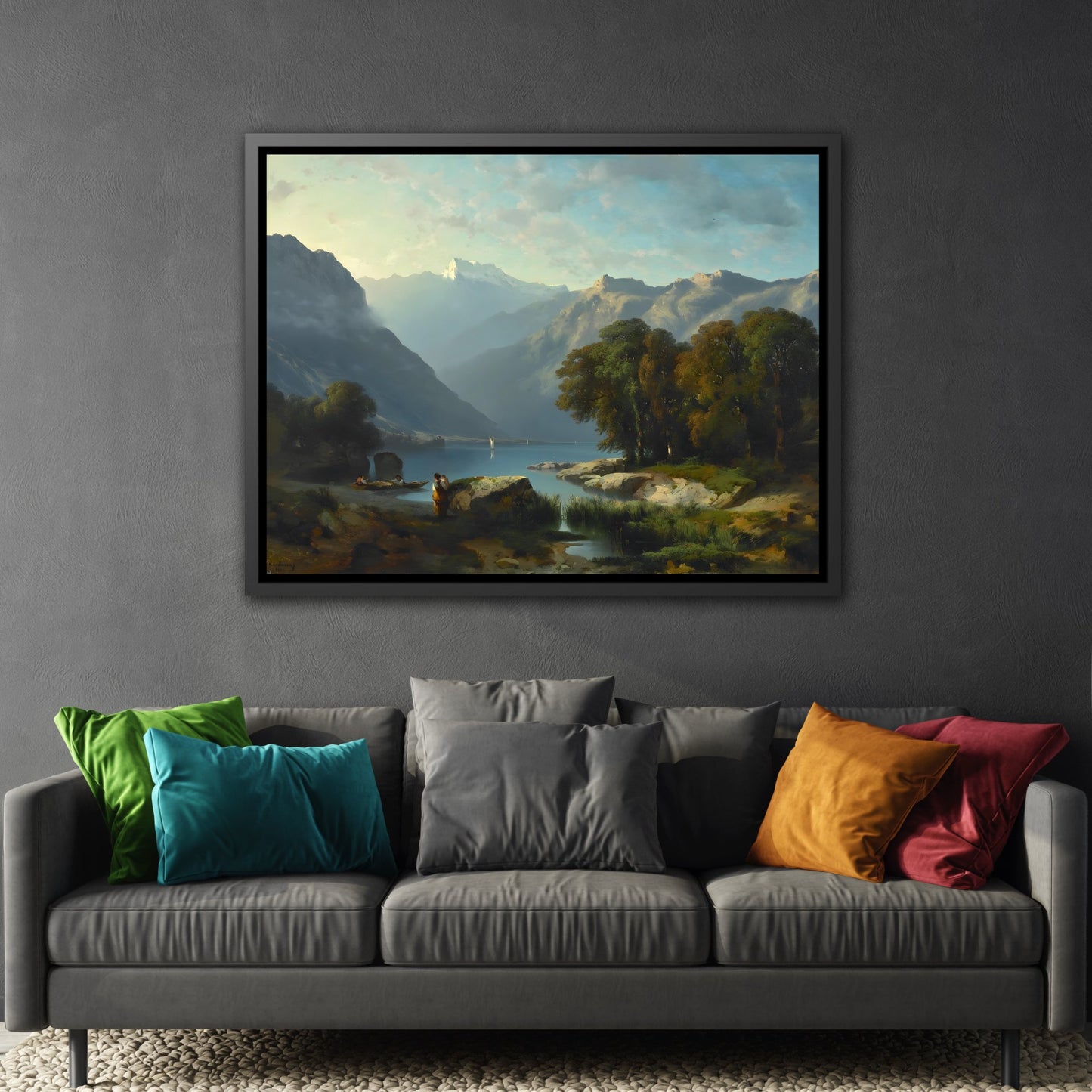 Calm Lake with Majestic Mountain Landscape Canvas Prints - Nature Harmony Wall Art in Black Frame