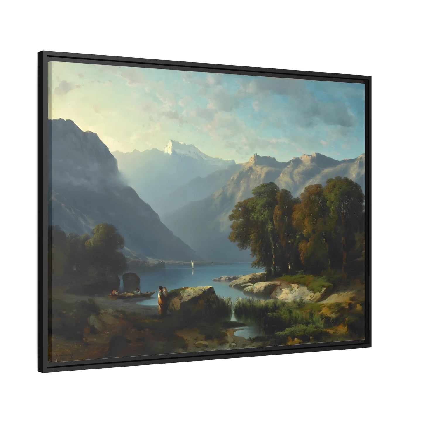 Calm Lake with Majestic Mountain Landscape Canvas Prints - Nature Harmony Wall Art in Black Frame