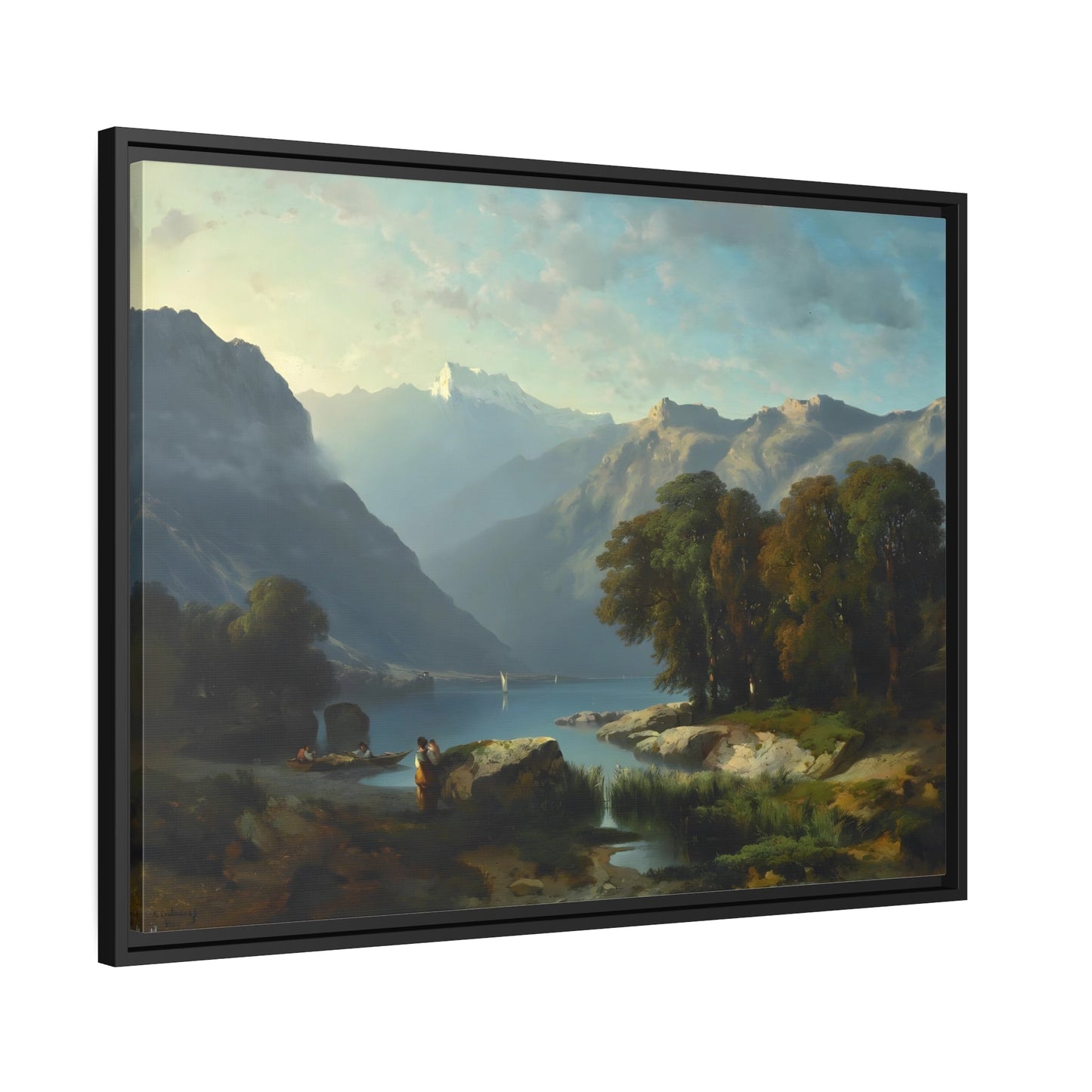 Calm Lake with Majestic Mountain Landscape Canvas Prints - Nature Harmony Wall Art in Black Frame