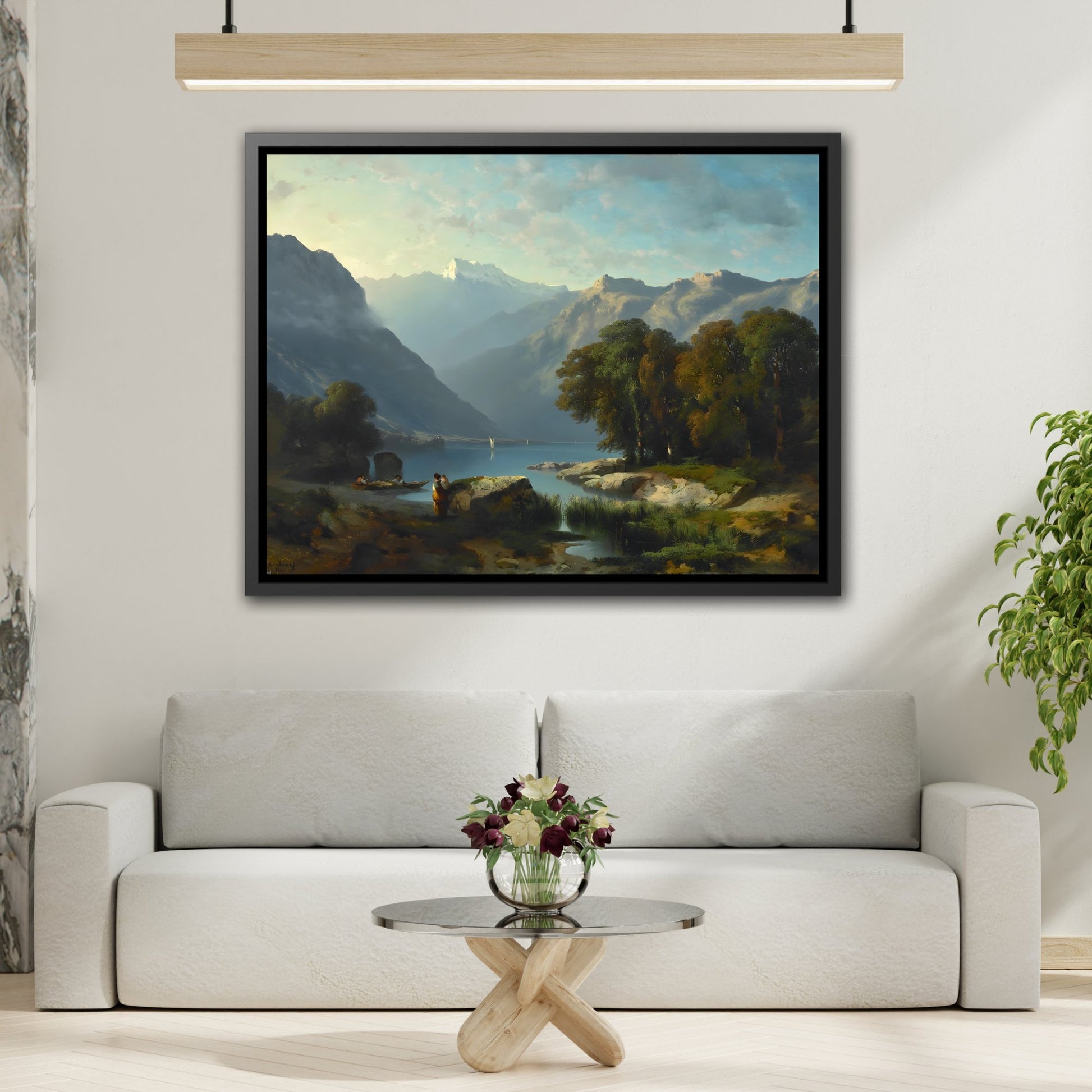 Calm Lake with Majestic Mountain Landscape Canvas Prints - Nature Harmony Wall Art in Black Frame