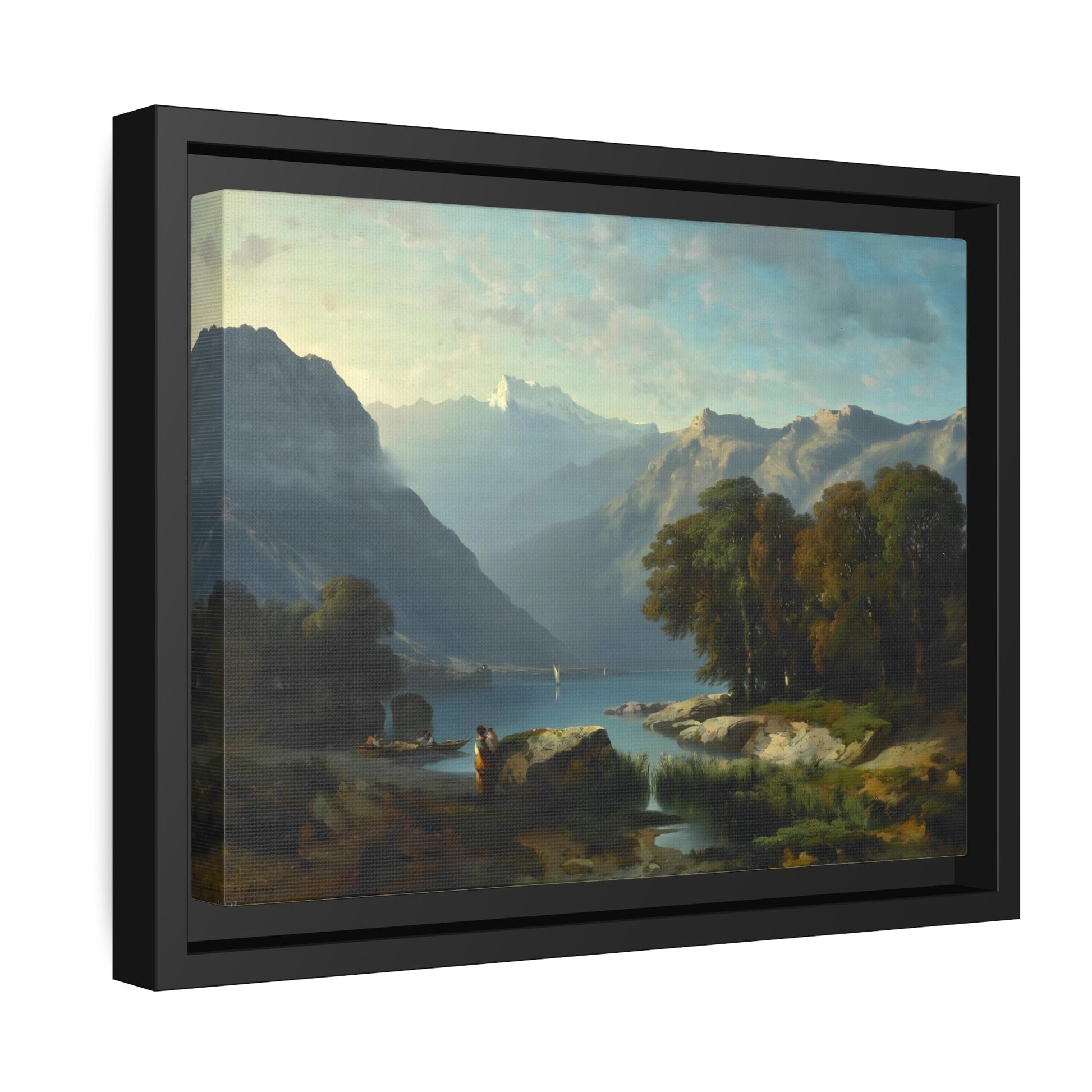 Calm Lake with Majestic Mountain Landscape Canvas Prints - Nature Harmony Wall Art in Black Frame