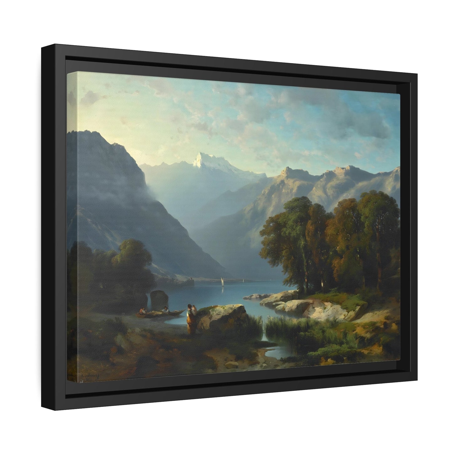 Calm Lake with Majestic Mountain Landscape Canvas Prints - Nature Harmony Wall Art in Black Frame