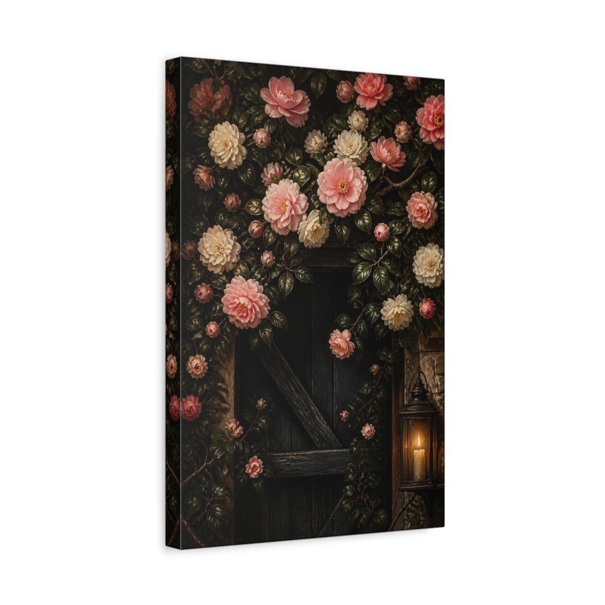 Side Mockup 4. Camellia Flowers By Lantern shown as canvas print