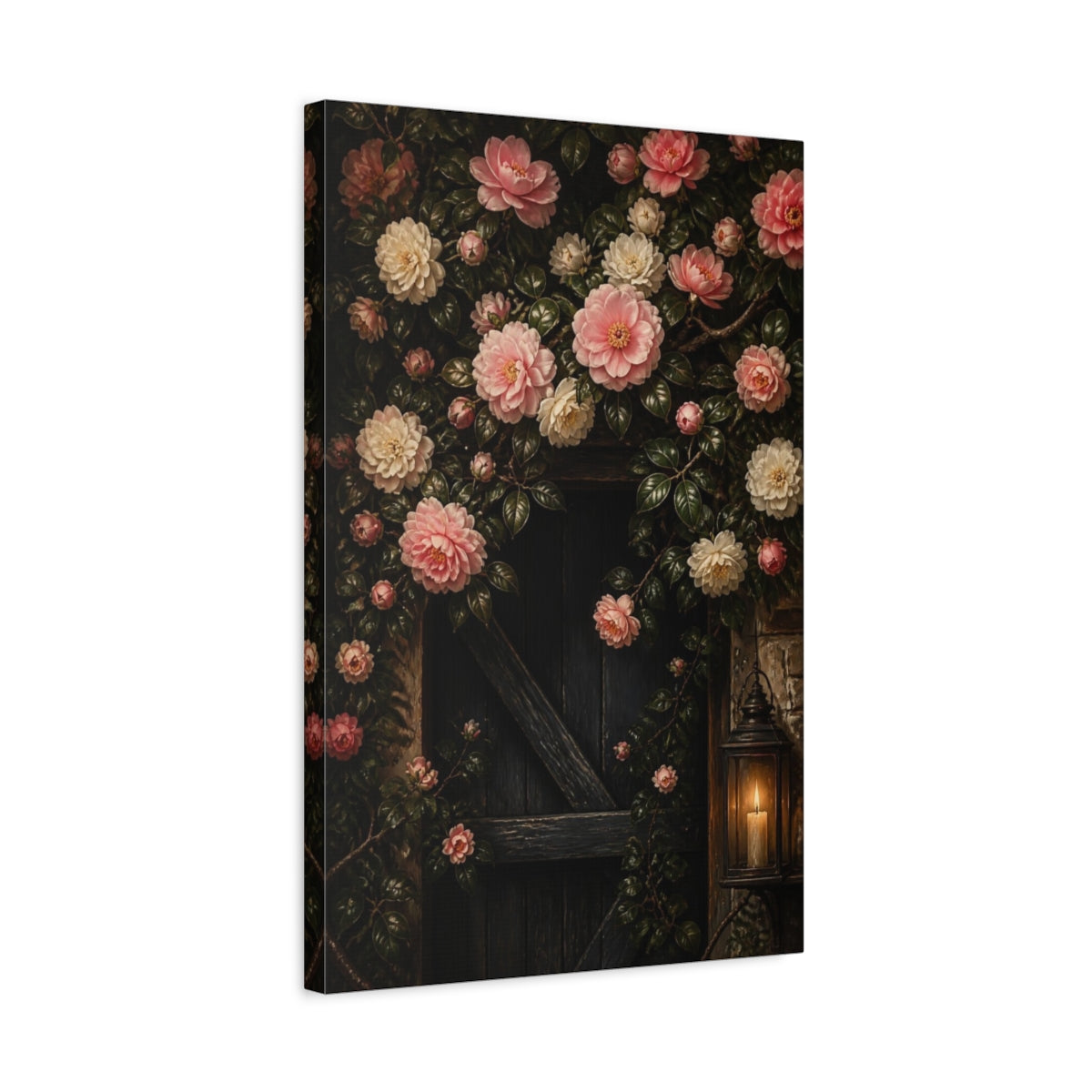 Side Mockup 3. Camellia Flowers By Lantern shown as canvas print