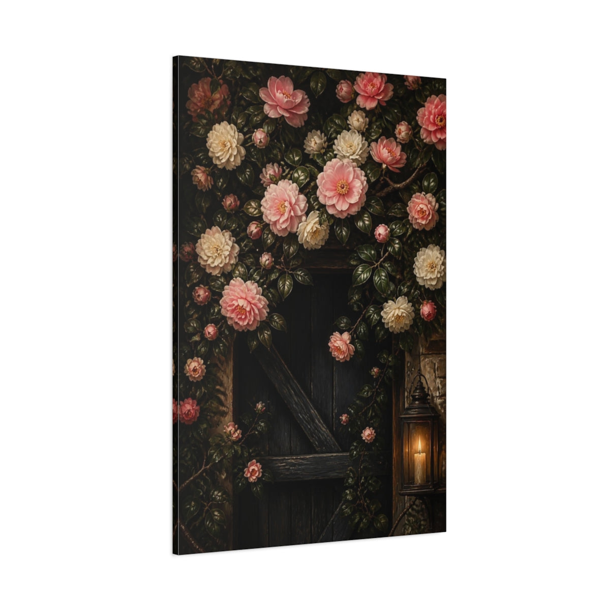 Side Mockup 1. Camellia Flowers By Lantern shown as canvas print