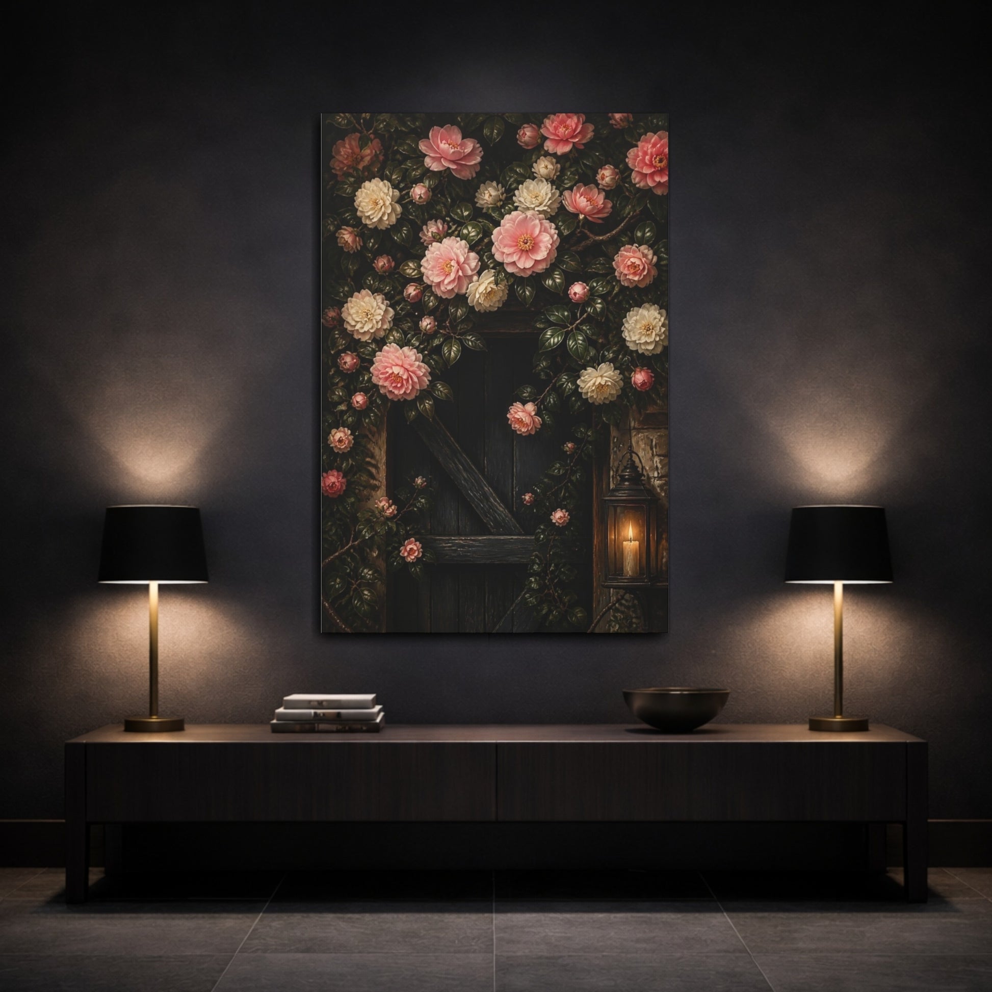 Mockup 3. Camellia Flowers By Lantern shown as canvas print