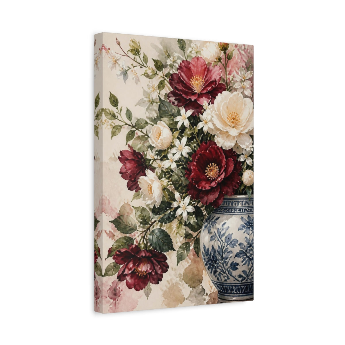 Side Mockup 4. Camellia Flowers In Blue Vase shown as canvas print