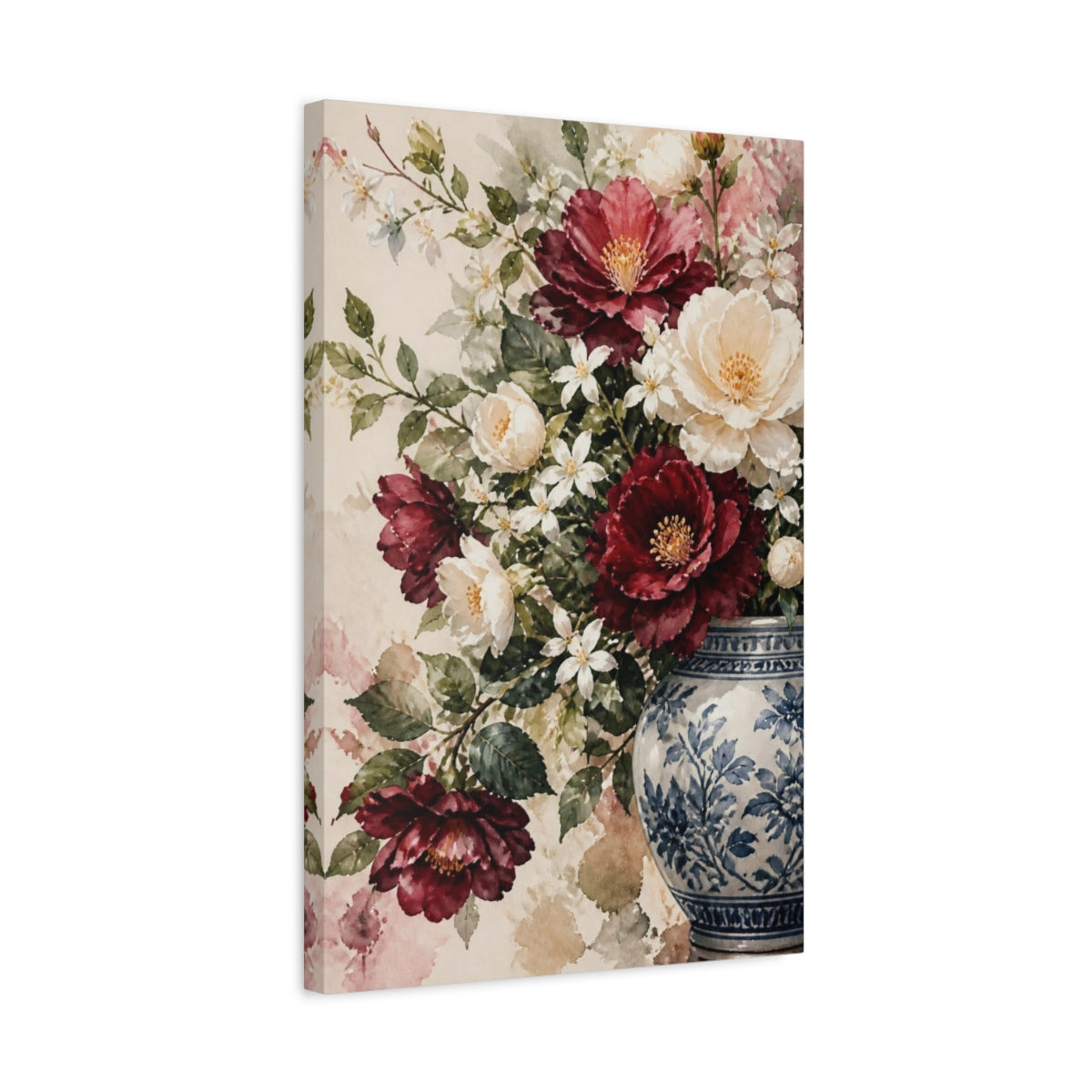 Side Mockup 3. Camellia Flowers In Blue Vase shown as canvas print