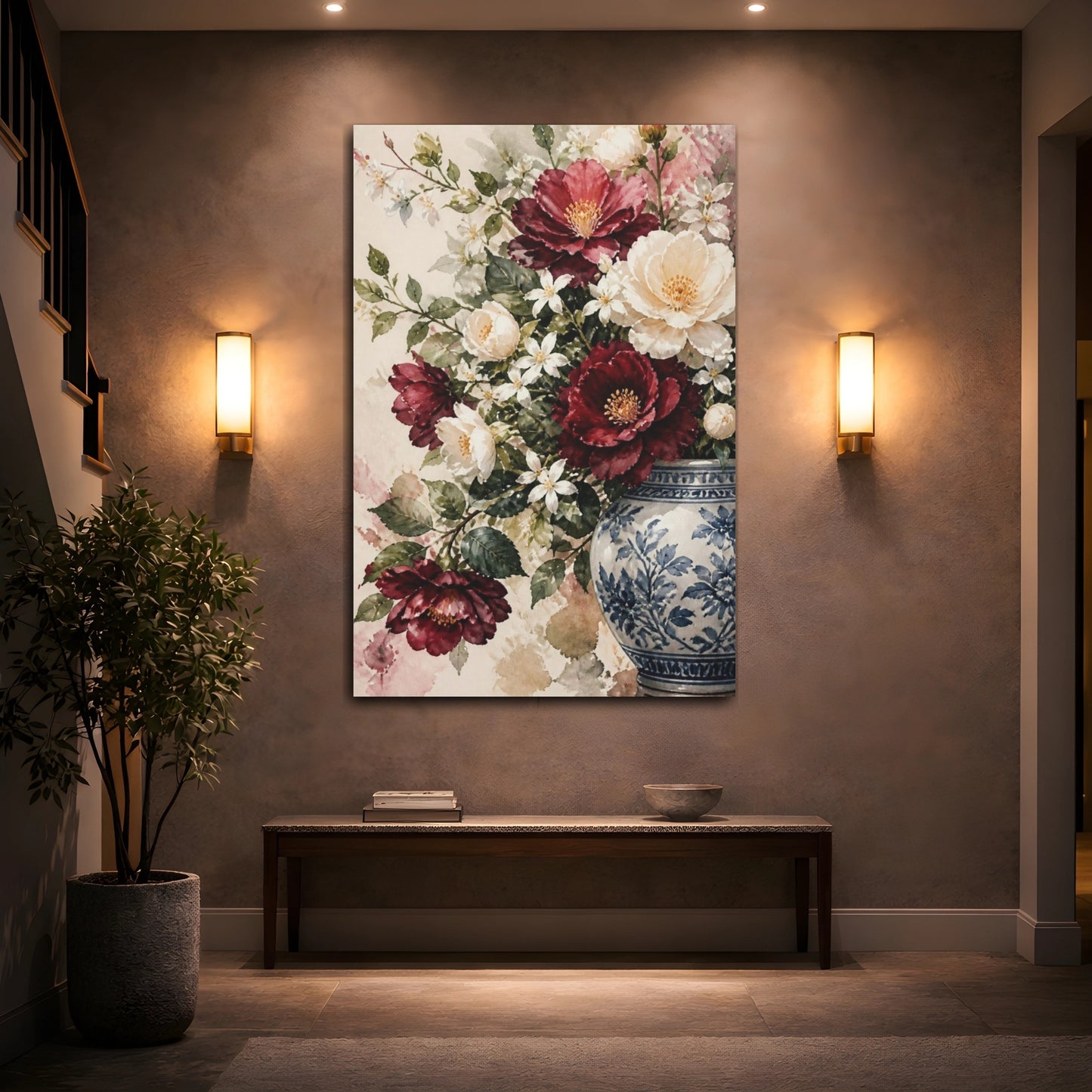 Mockup 2. Camellia Flowers In Blue Vase shown as canvas print