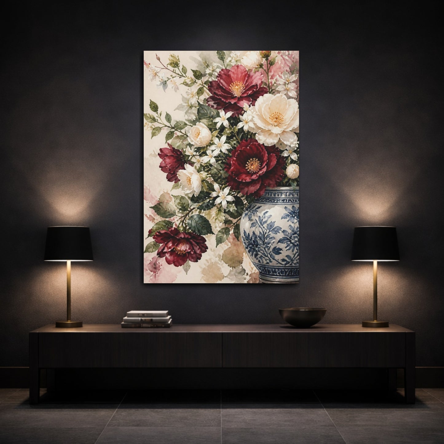 Mockup 3. Camellia Flowers In Blue Vase shown as canvas print
