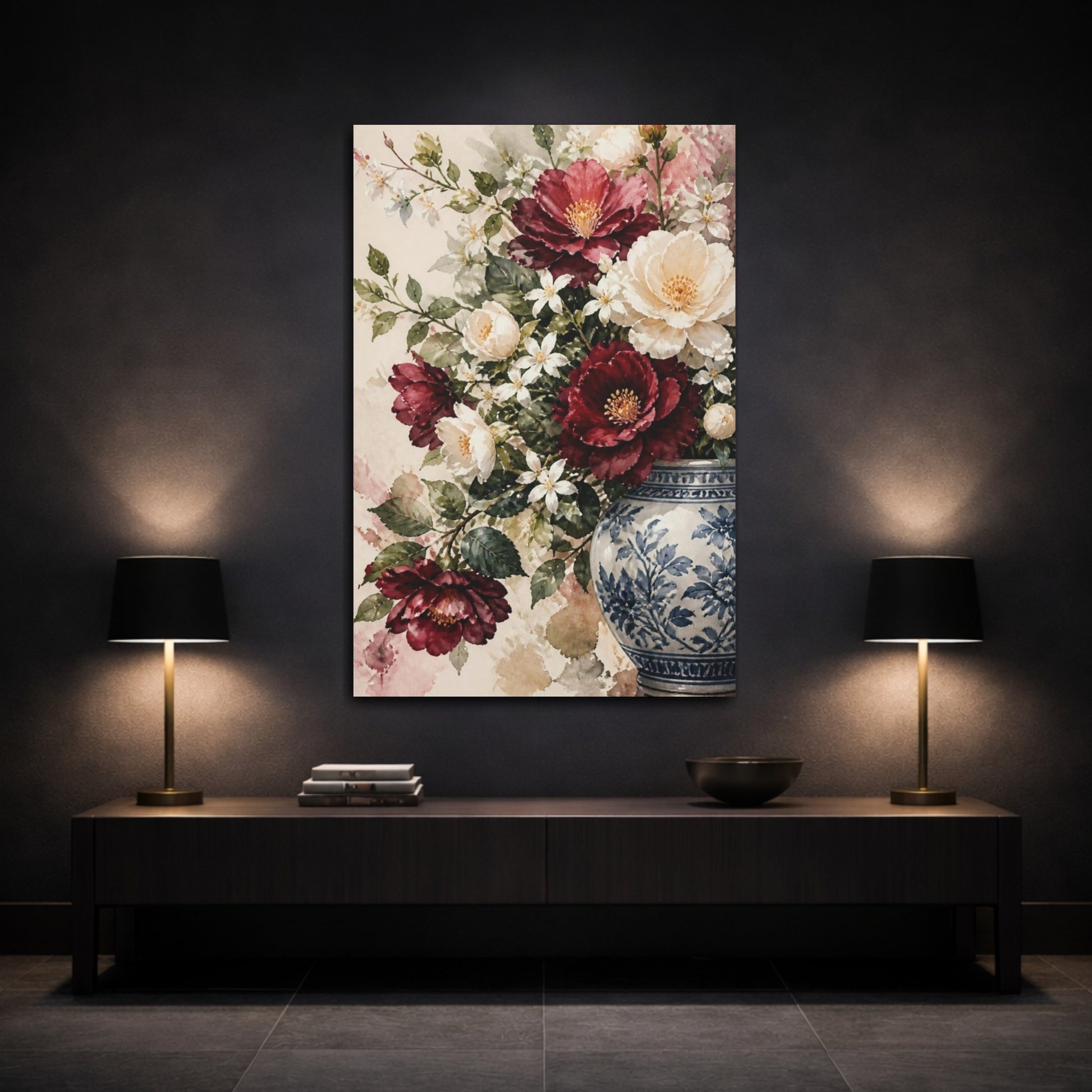Mockup 3. Camellia Flowers In Blue Vase shown as canvas print