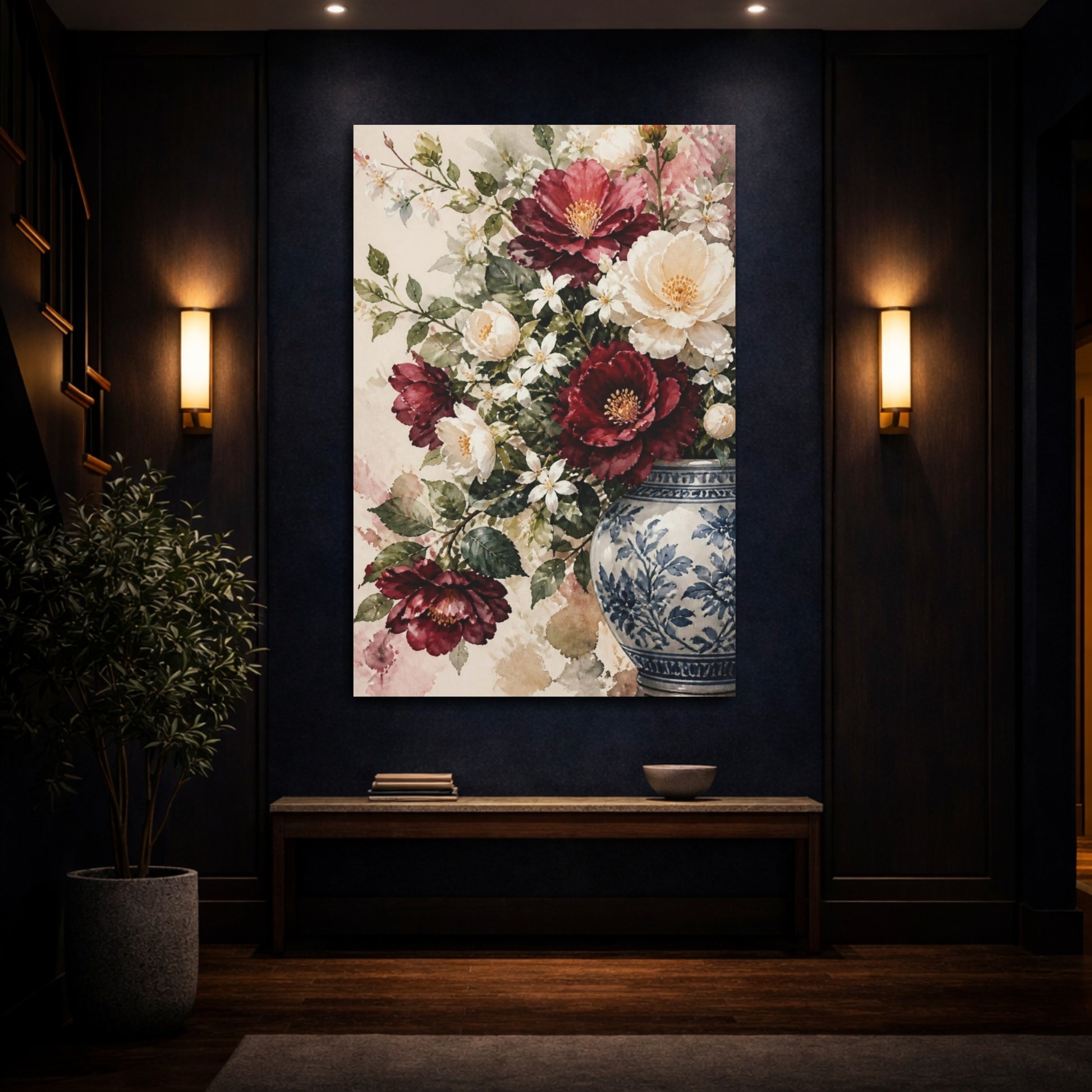 Mockup 4. Camellia Flowers In Blue Vase shown as canvas print