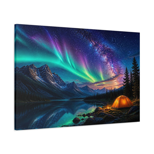 Main Mockup. Camp Beneath Northern Lights shown as canvas print