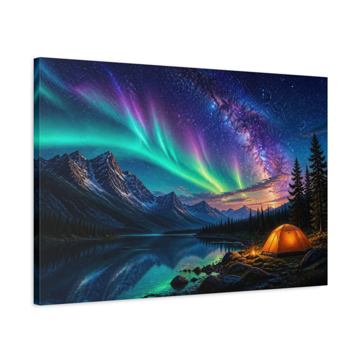 Side Mockup 2. Camp Beneath Northern Lights shown as canvas print