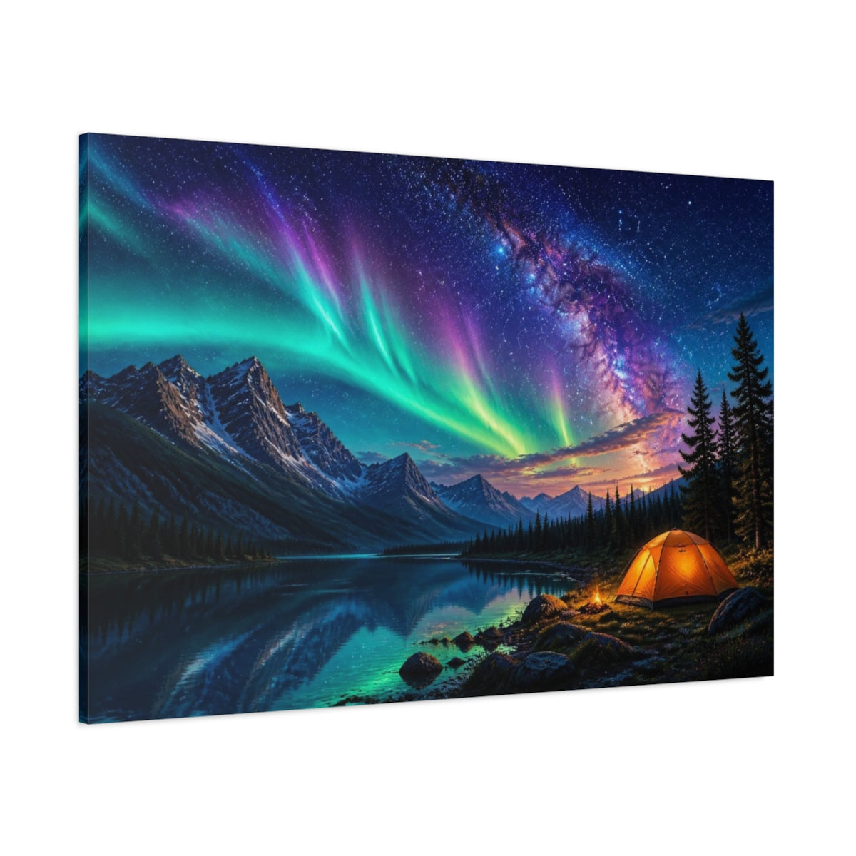 Side Mockup 1. Camp Beneath Northern Lights shown as canvas print