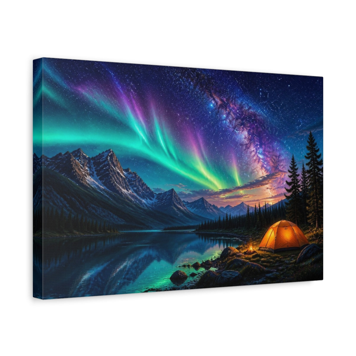 Side Mockup 4. Camp Beneath Northern Lights shown as canvas print