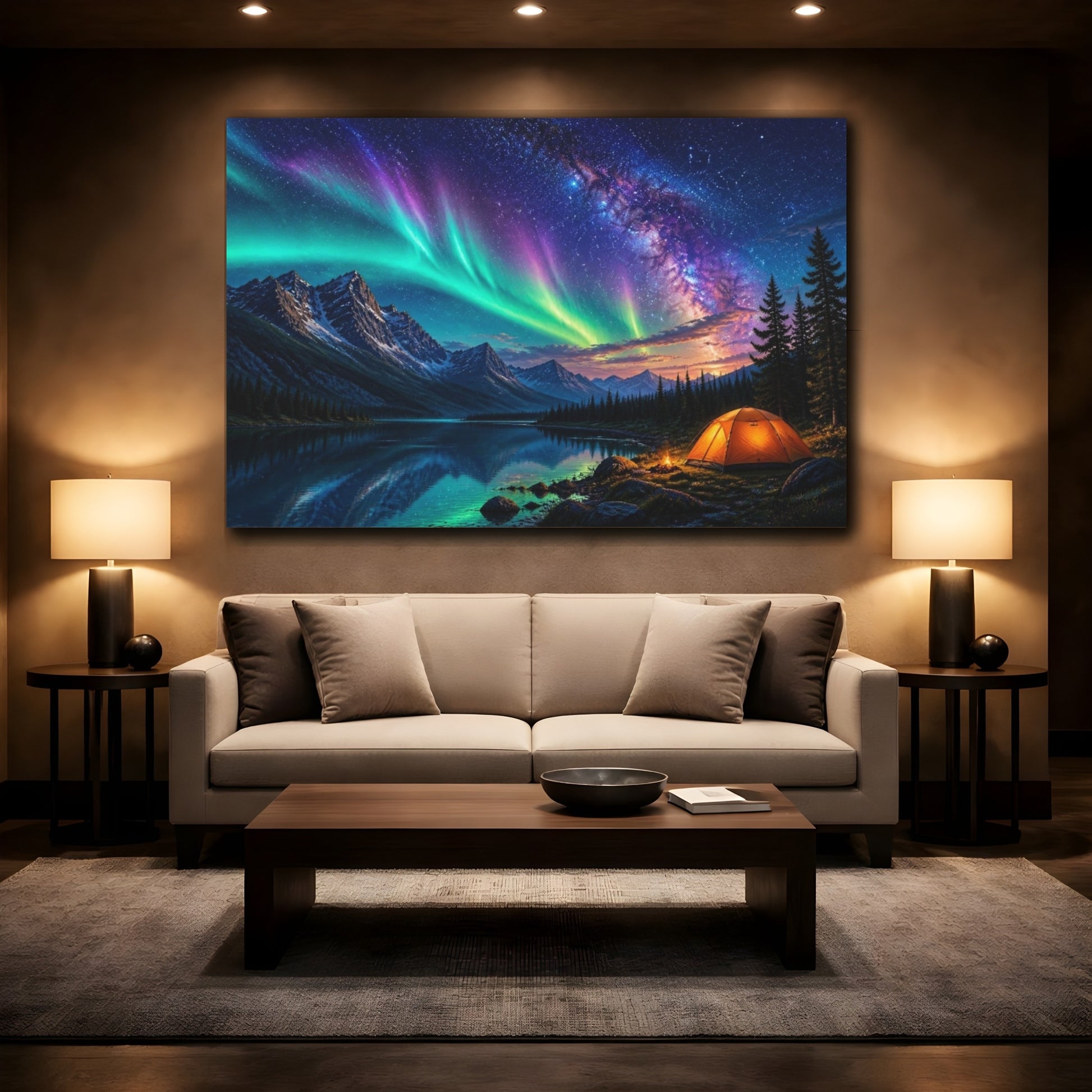 Mockup 2. Camp Beneath Northern Lights shown as canvas print