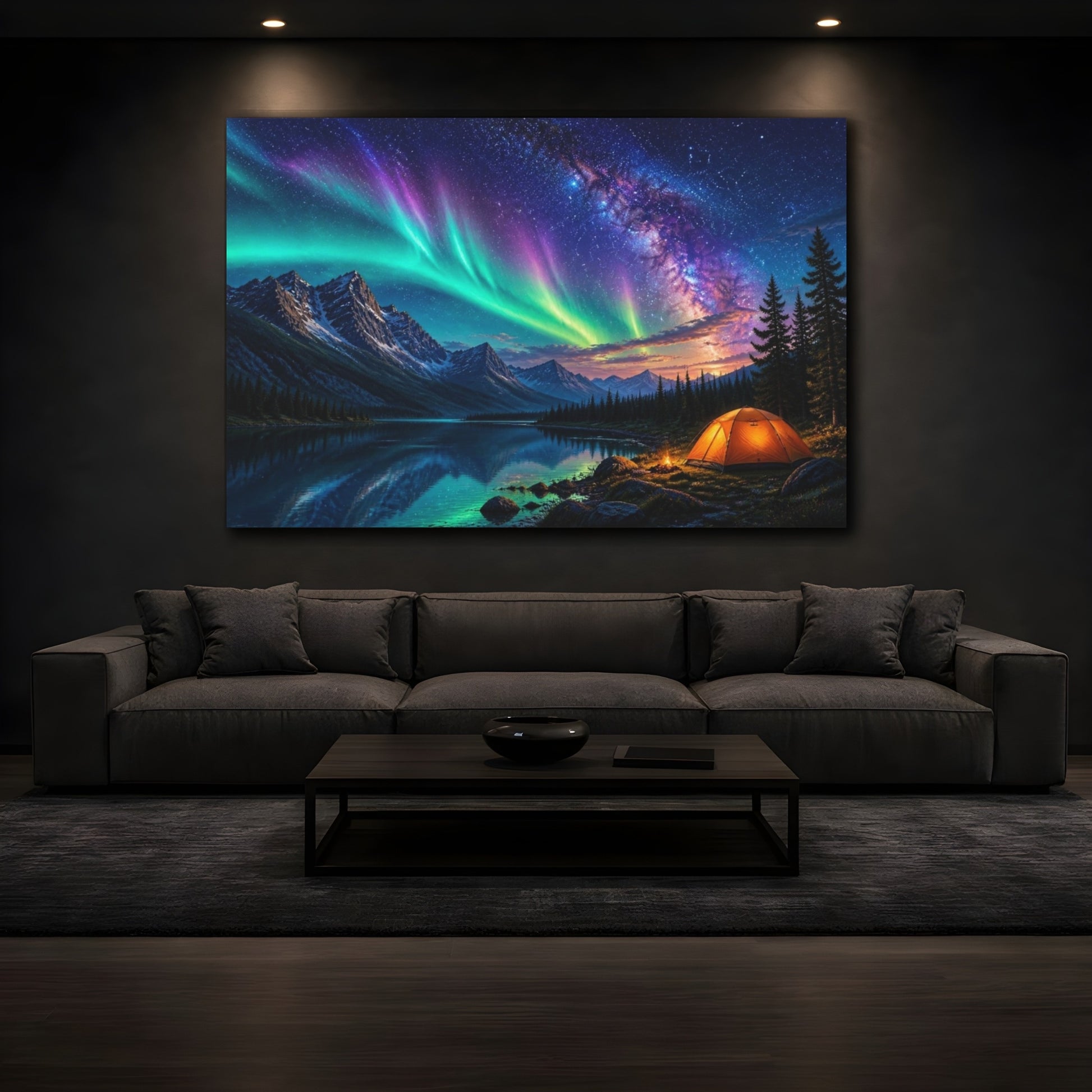 Mockup 3. Camp Beneath Northern Lights shown as canvas print