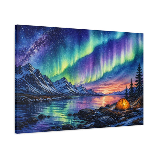 Main Mockup. Camp Under Northern Lights shown as canvas print
