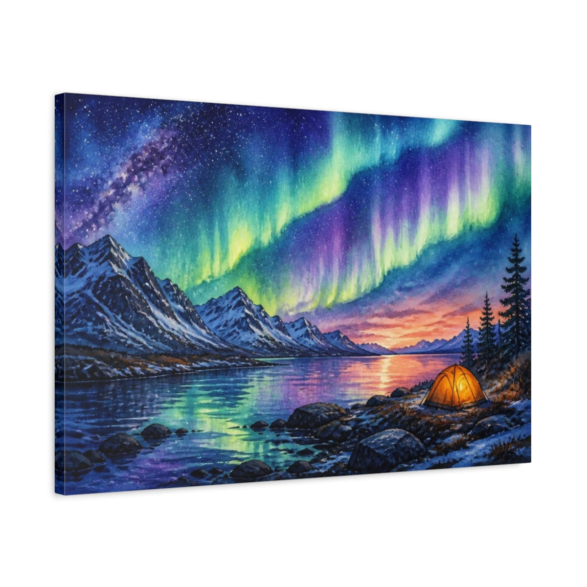Side Mockup 2. Camp Under Northern Lights shown as canvas print