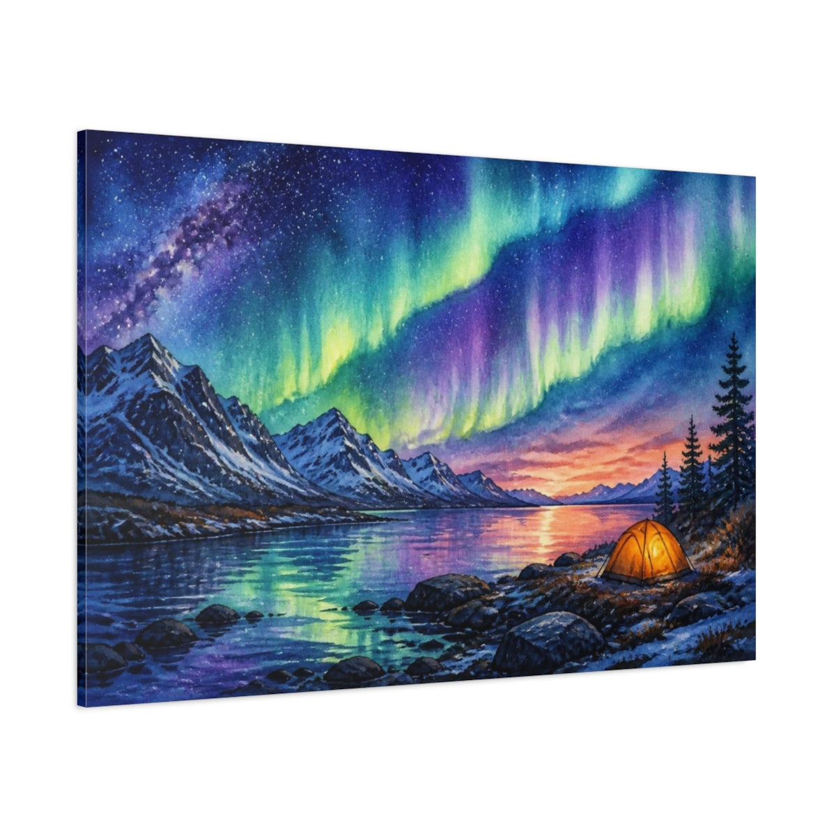 Side Mockup 1. Camp Under Northern Lights shown as canvas print