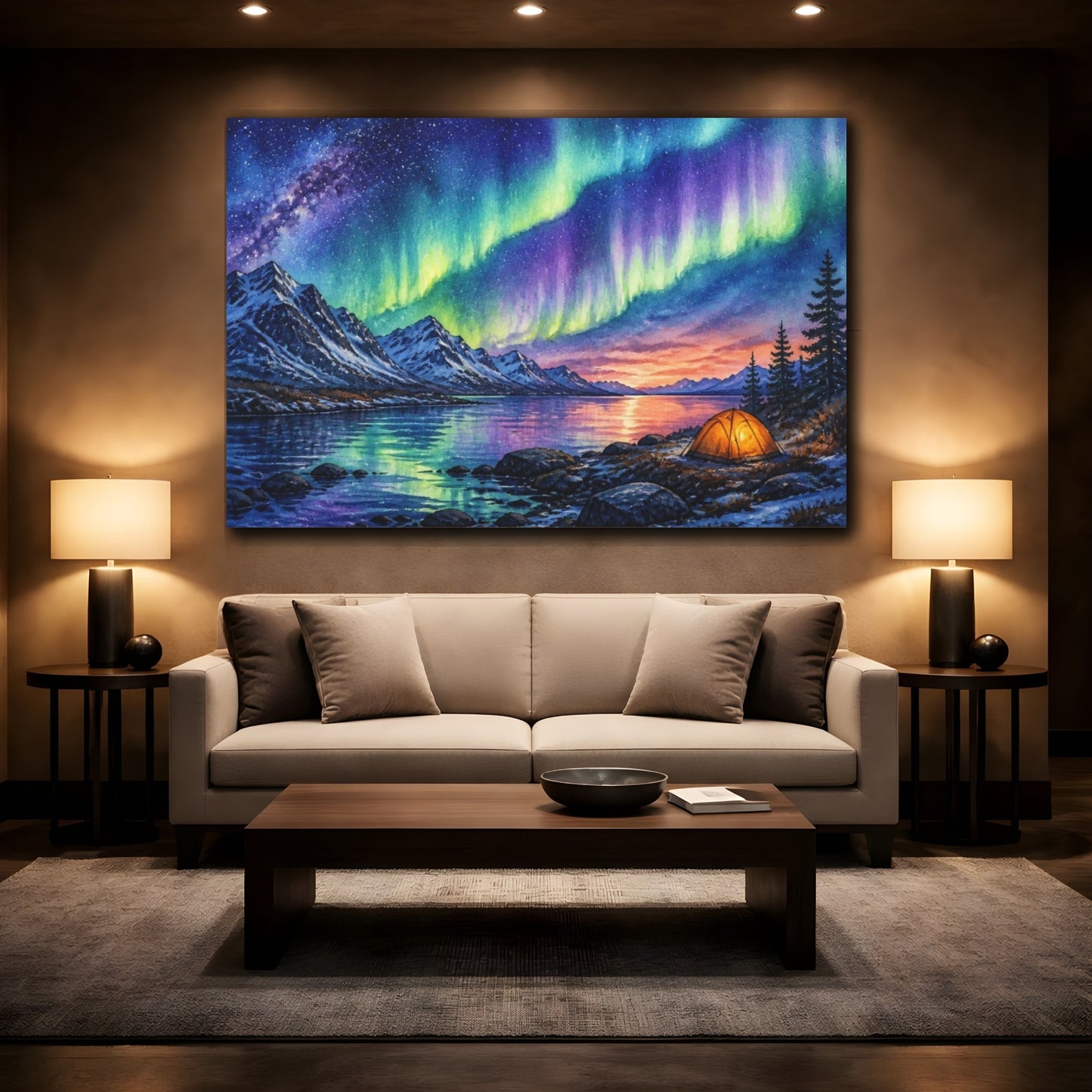 Mockup 2. Camp Under Northern Lights shown as canvas print