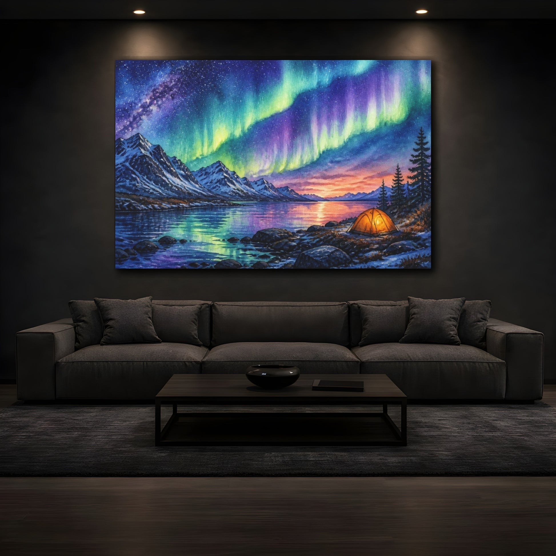 Mockup 3. Camp Under Northern Lights shown as canvas print