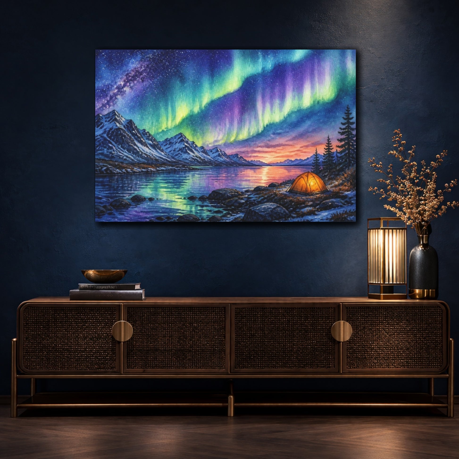 Mockup 4. Camp Under Northern Lights shown as canvas print
