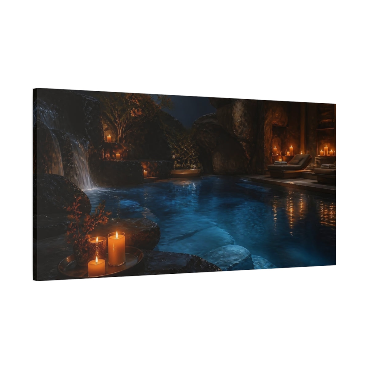Main Mockup. Candlelit Stone Pool shown as canvas print