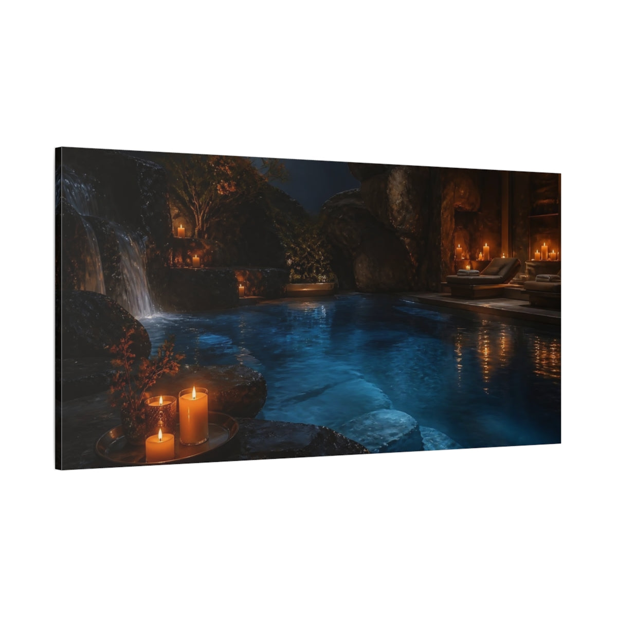Side Mockup 2. Candlelit Stone Pool shown as canvas print