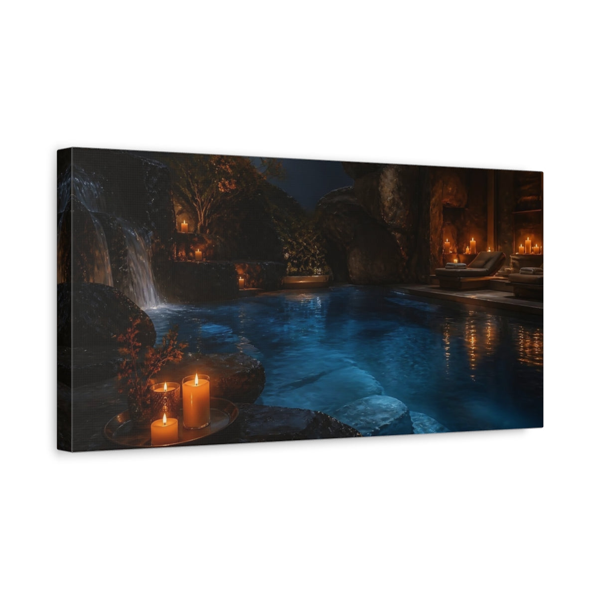 Side Mockup 3. Candlelit Stone Pool shown as canvas print