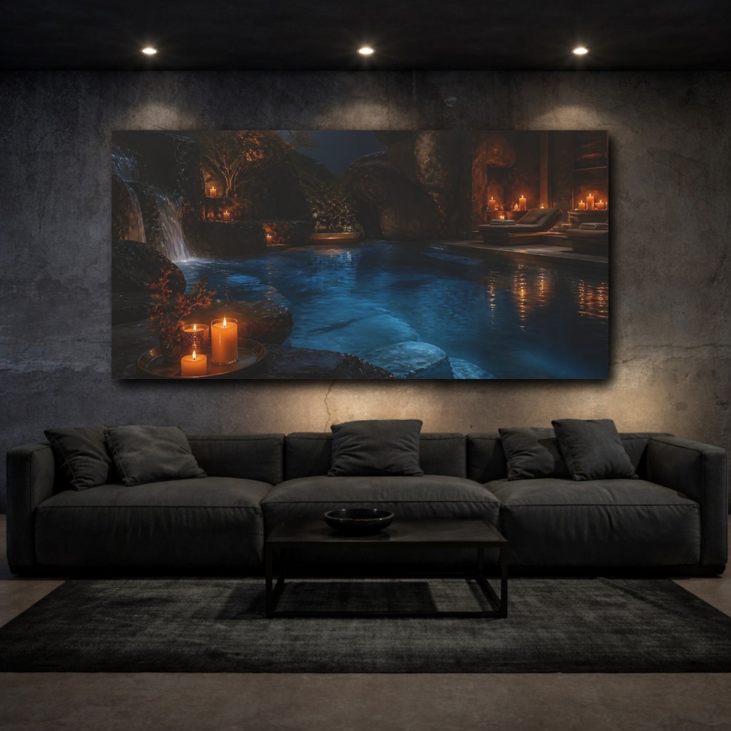 Mockup 3. Candlelit Stone Pool shown as canvas print
