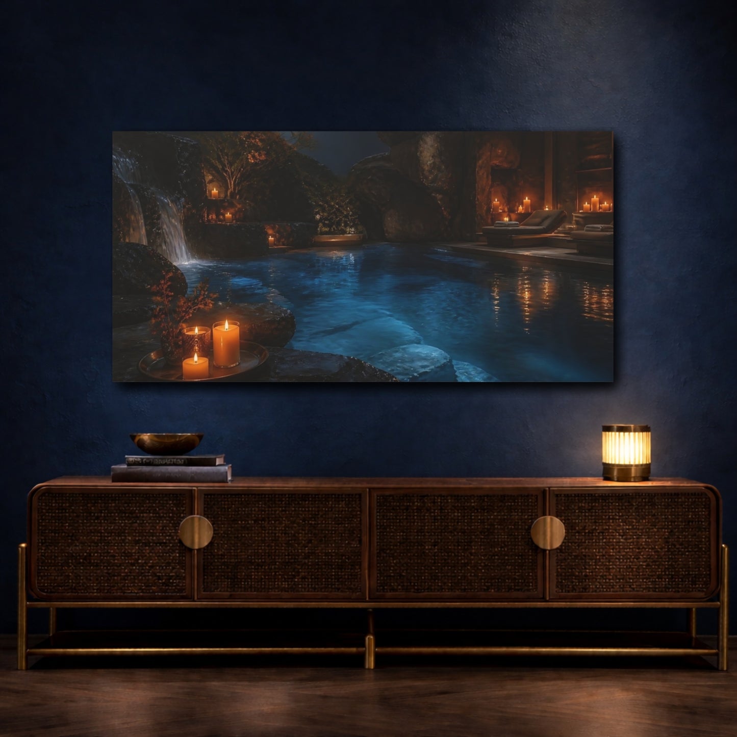 Mockup 4. Candlelit Stone Pool shown as canvas print