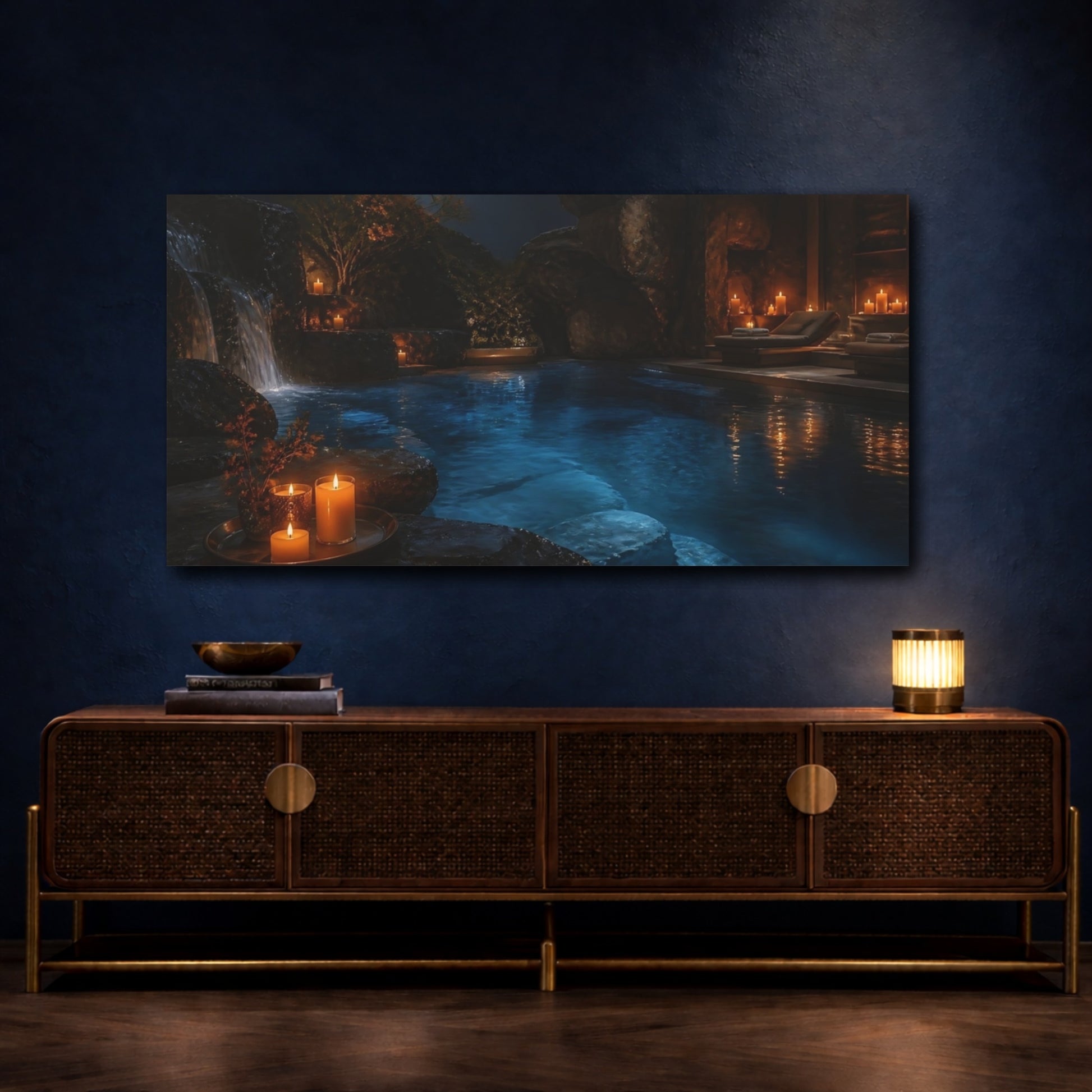 Mockup 4. Candlelit Stone Pool shown as canvas print