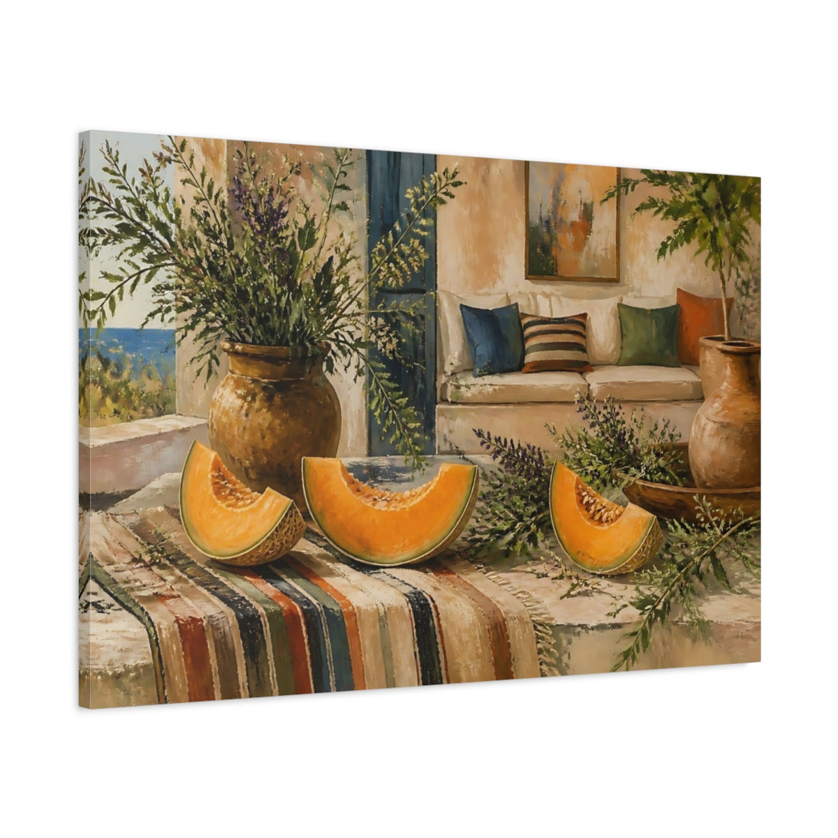Main Mockup. Cantaloupe On Rustic Table shown as canvas print