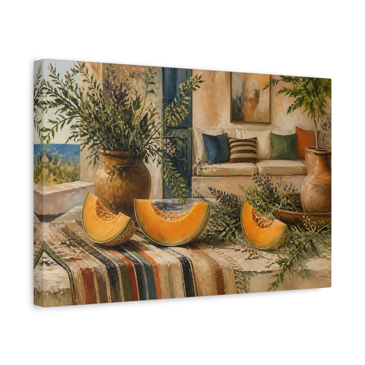 Side Mockup 4. Cantaloupe On Rustic Table shown as canvas print