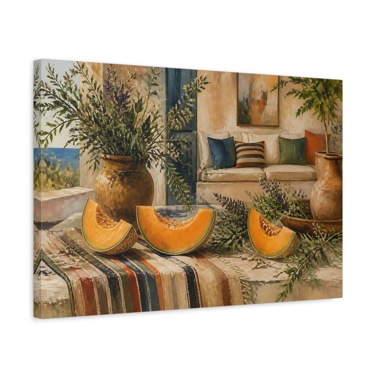 Side Mockup 3. Cantaloupe On Rustic Table shown as canvas print