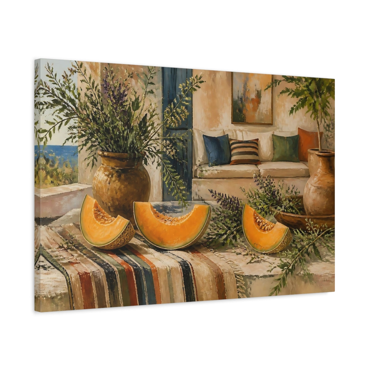 Side Mockup 2. Cantaloupe On Rustic Table shown as canvas print