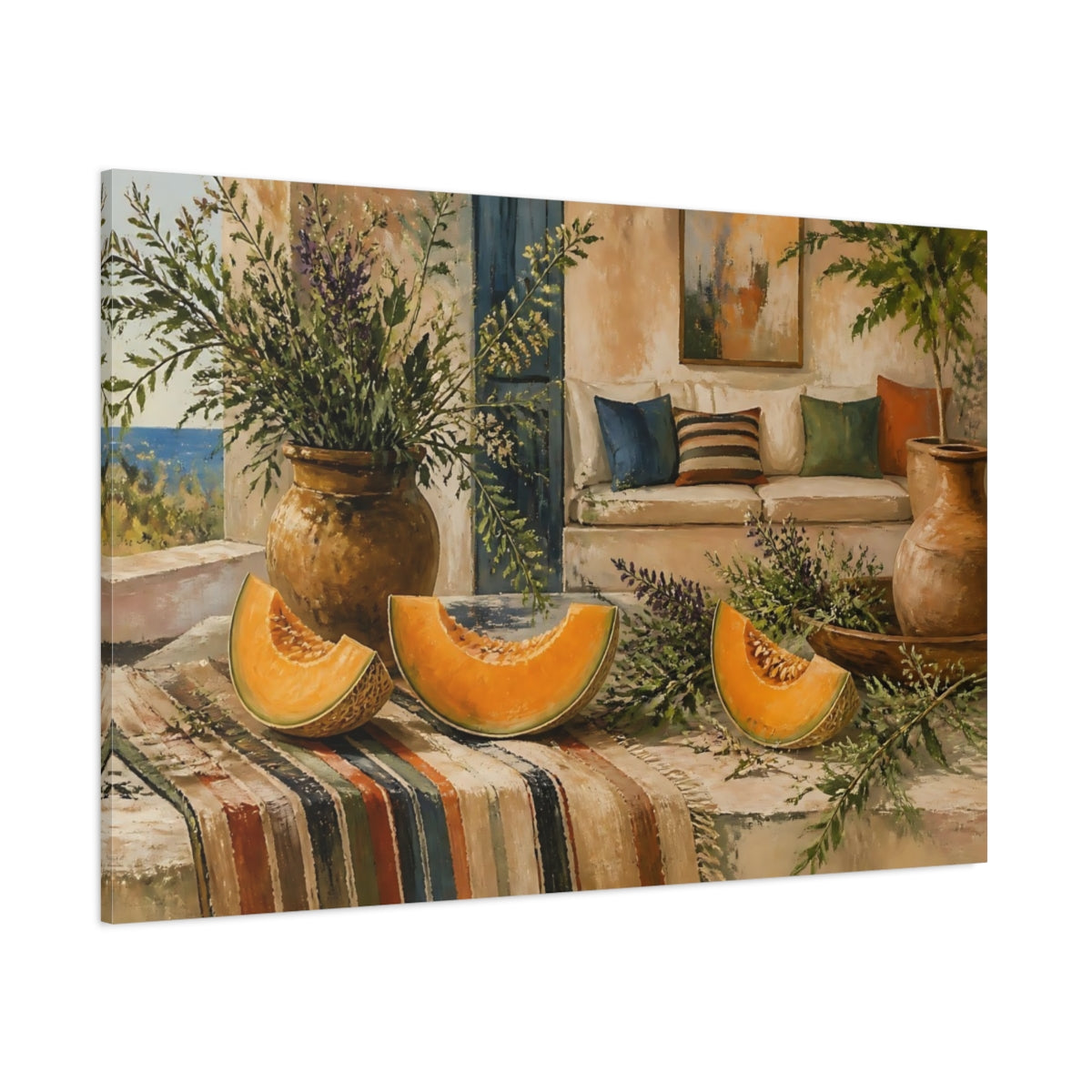 Side Mockup 1. Cantaloupe On Rustic Table shown as canvas print