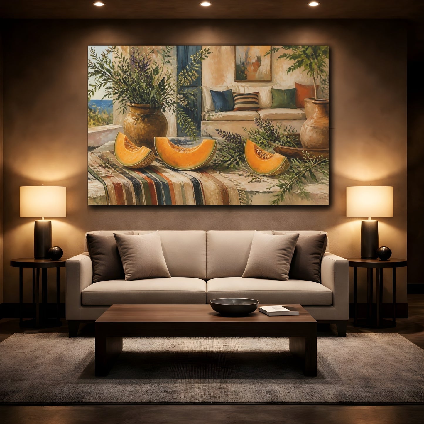 Mockup 2. Cantaloupe On Rustic Table shown as canvas print
