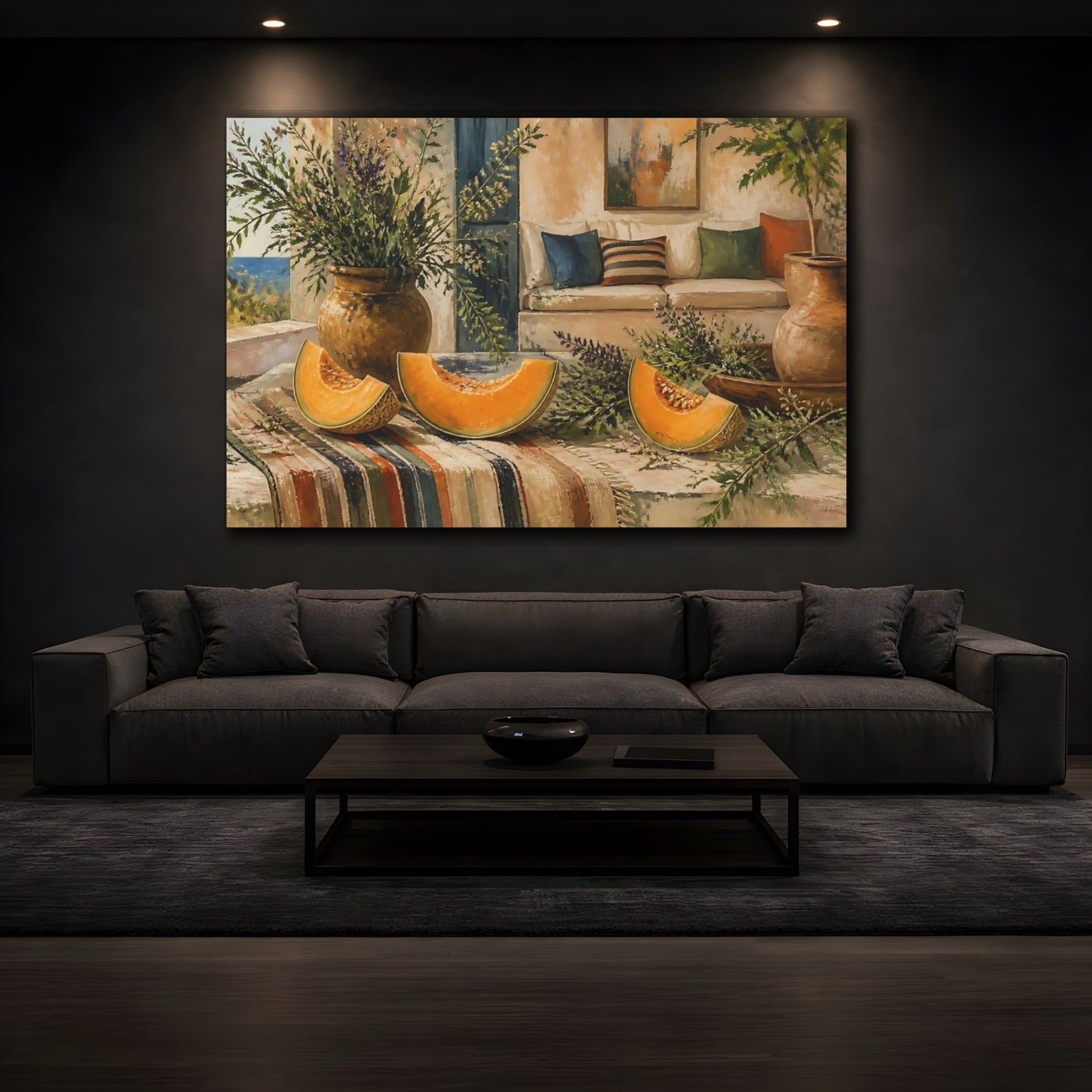 Mockup 3. Cantaloupe On Rustic Table shown as canvas print