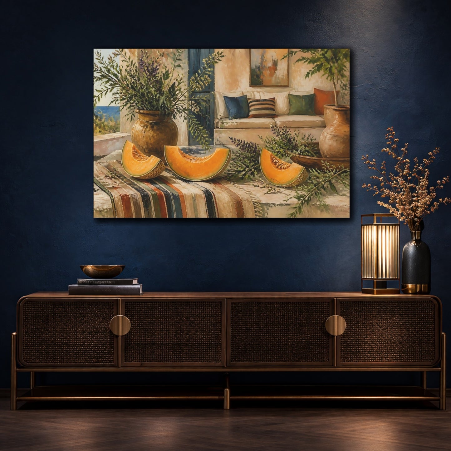 Mockup 4. Cantaloupe On Rustic Table shown as canvas print