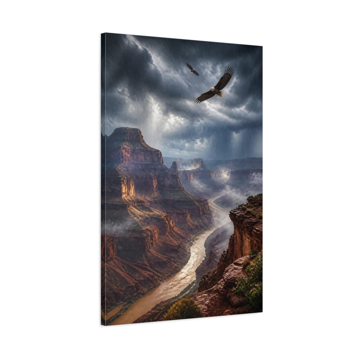 Main Mockup. Canyon Landscape With Eagles shown as canvas print